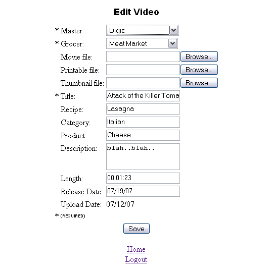 Video Admin Edit Screen